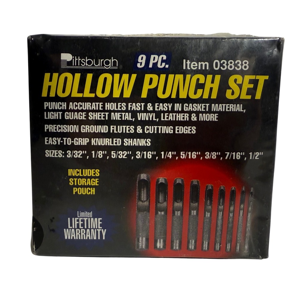 Pittsburgh 9 Pc Hollow Punch Set Leather Gasket Vinyl Tool 03838 New Sealed‎